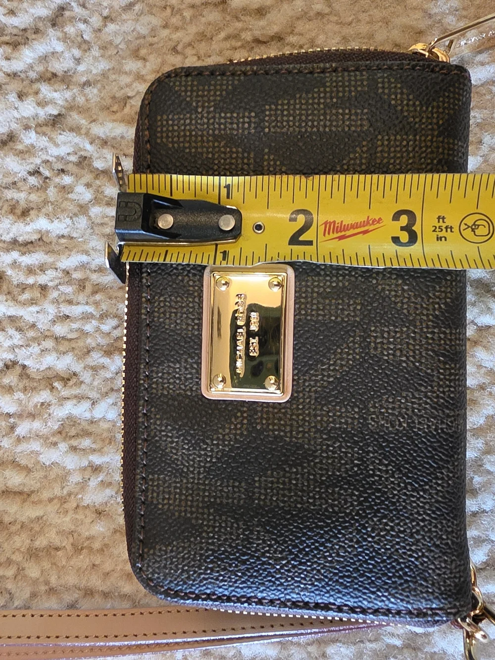 MICHAEL KORS Dark Brown Logo Zip Wristlet with Gold Interior